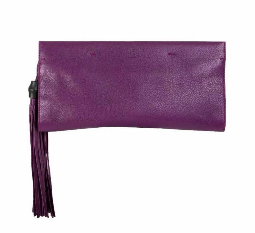 Gucci Nouveau Bamboo Tassel Large Leather Clutch Purple Made in Italy